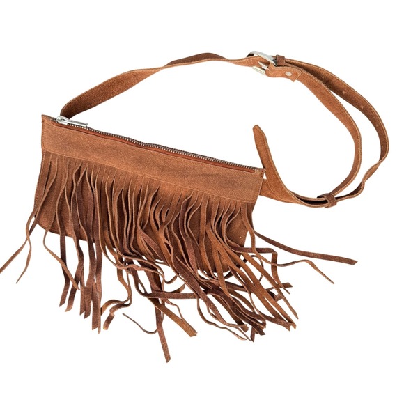 Brown Suede Fringe Crossbody Bag Zipper Adjustable Strap Boho Western Style - Picture 1 of 5